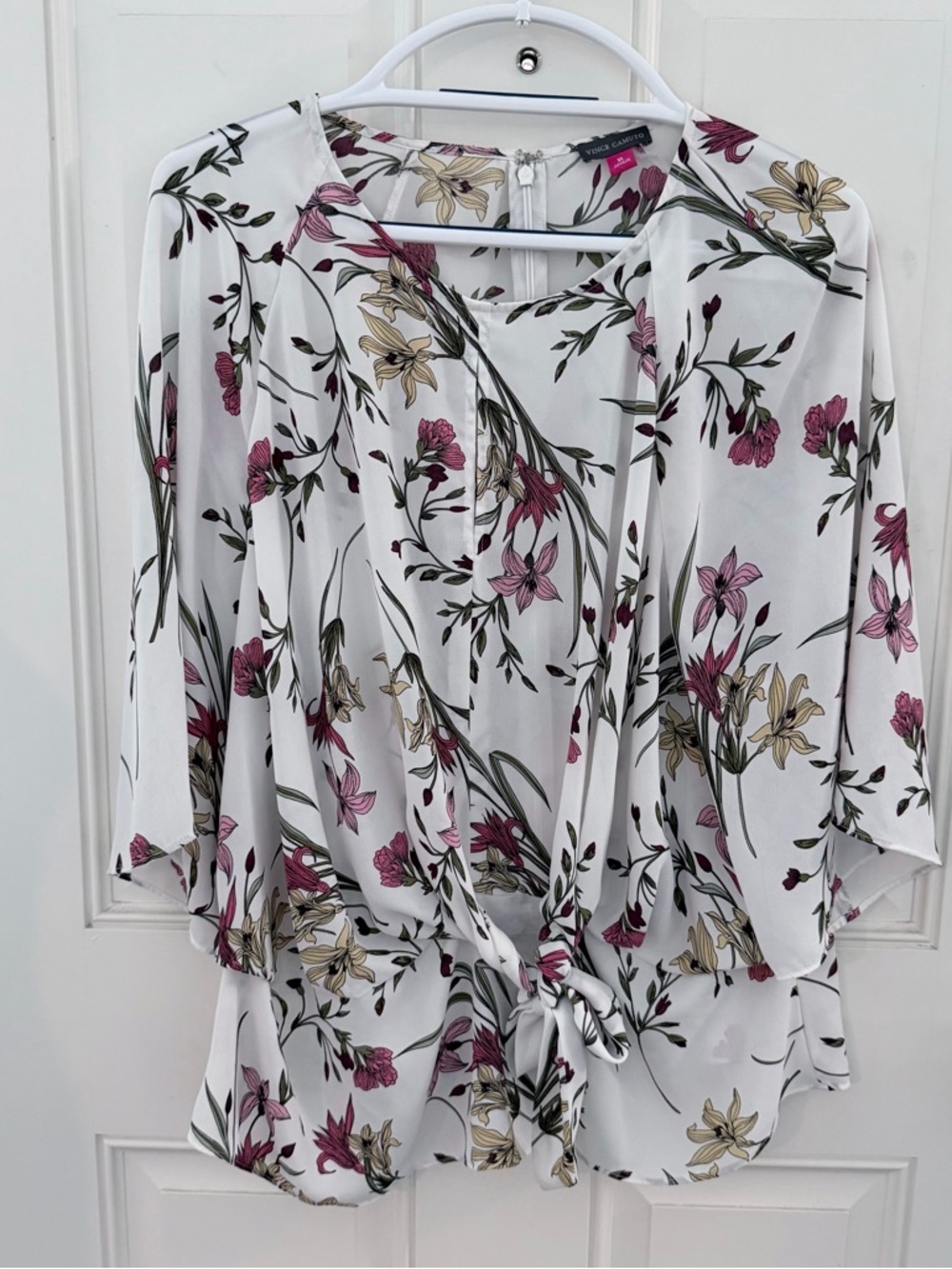 Floral Tie-Front Blouse - White with Pink & Cream Flowers